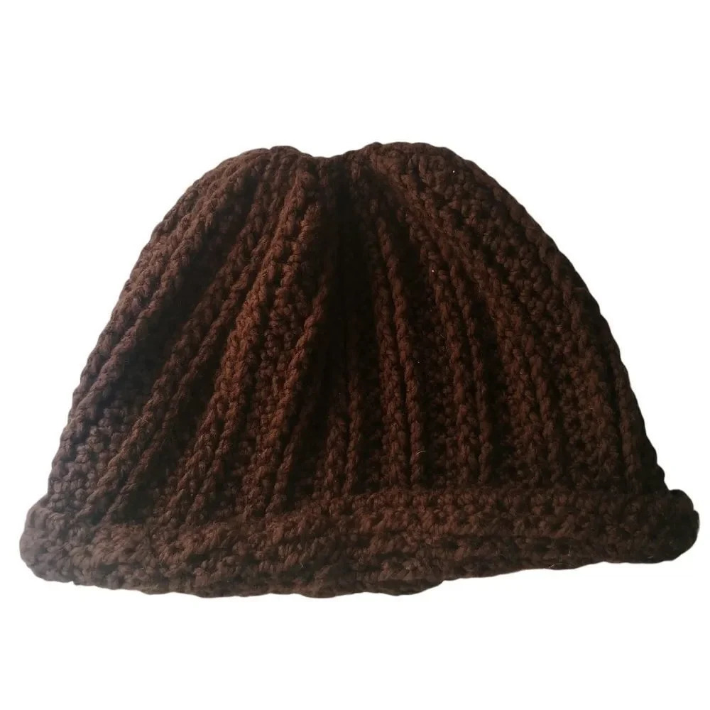 Handmade Ribbed Acrylic Tuque Brown Beanie Very Warm Knitted